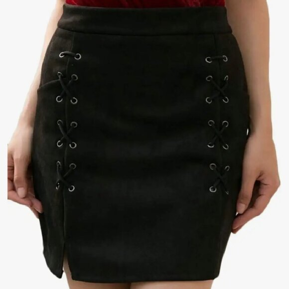 Mini Faux Suede High Waist Lace Up Pencil Skirt Sz M - Picture 2 of 9